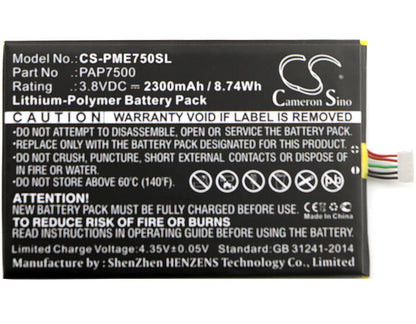 3.8V, 2300mAh, Li-Polymer Battery fits Prestigio, Multiphone 7500, Pap7500, 8.74Wh