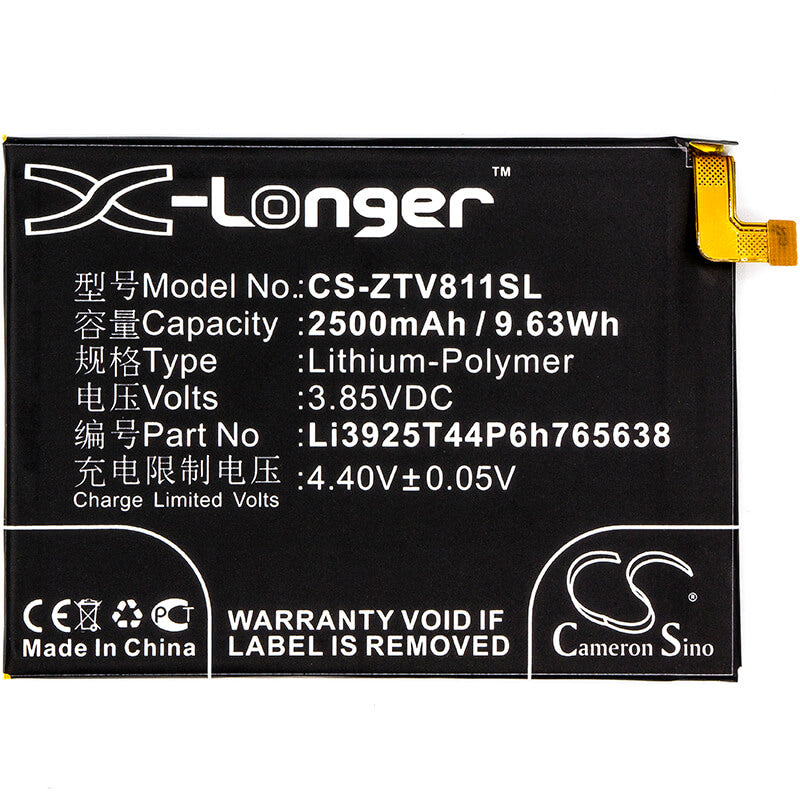 3.85V, 2500mAh, Li-Polymer Battery fits Zte, Blade V8 Lite, Blade V8 Lite Dual Sim, 9.625Wh