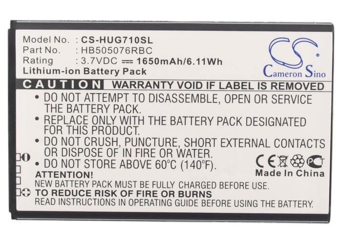3.7V, 1650mAh, Li-ion Battery fits Huawei, A199, Ascend G606, 6.105Wh