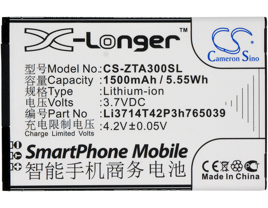 3.7V, 1500mAh, Li-ion Battery fits Zte, Af3, Af5, 5.55Wh