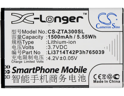 3.7V, 1500mAh, Li-ion Battery fits Zte, Af3, Af5, 5.55Wh