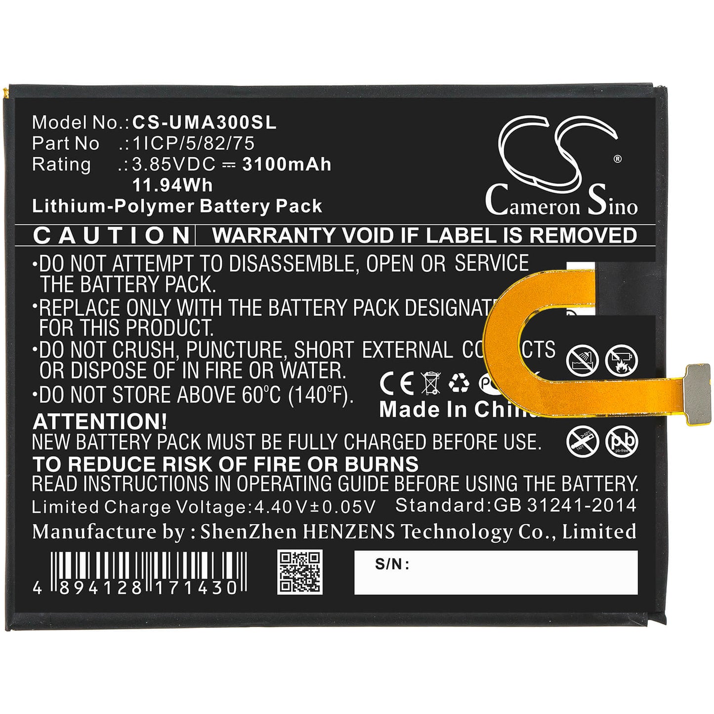 3.85V, 3100mAh, Li-Polymer Battery fits Umi, Umidigi A3, 11.935Wh