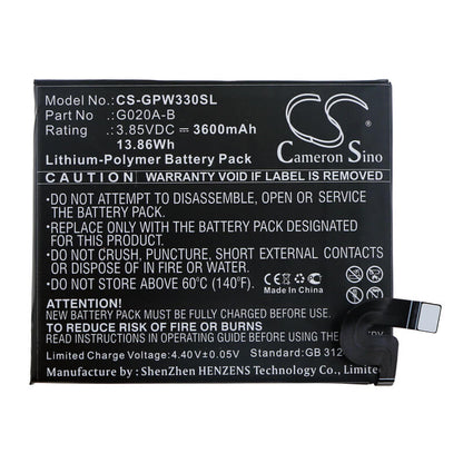 3.85V, 3600mAh, Li-Polymer Battery fits Google, G020c, Pixel 3a Xl, 13.86Wh