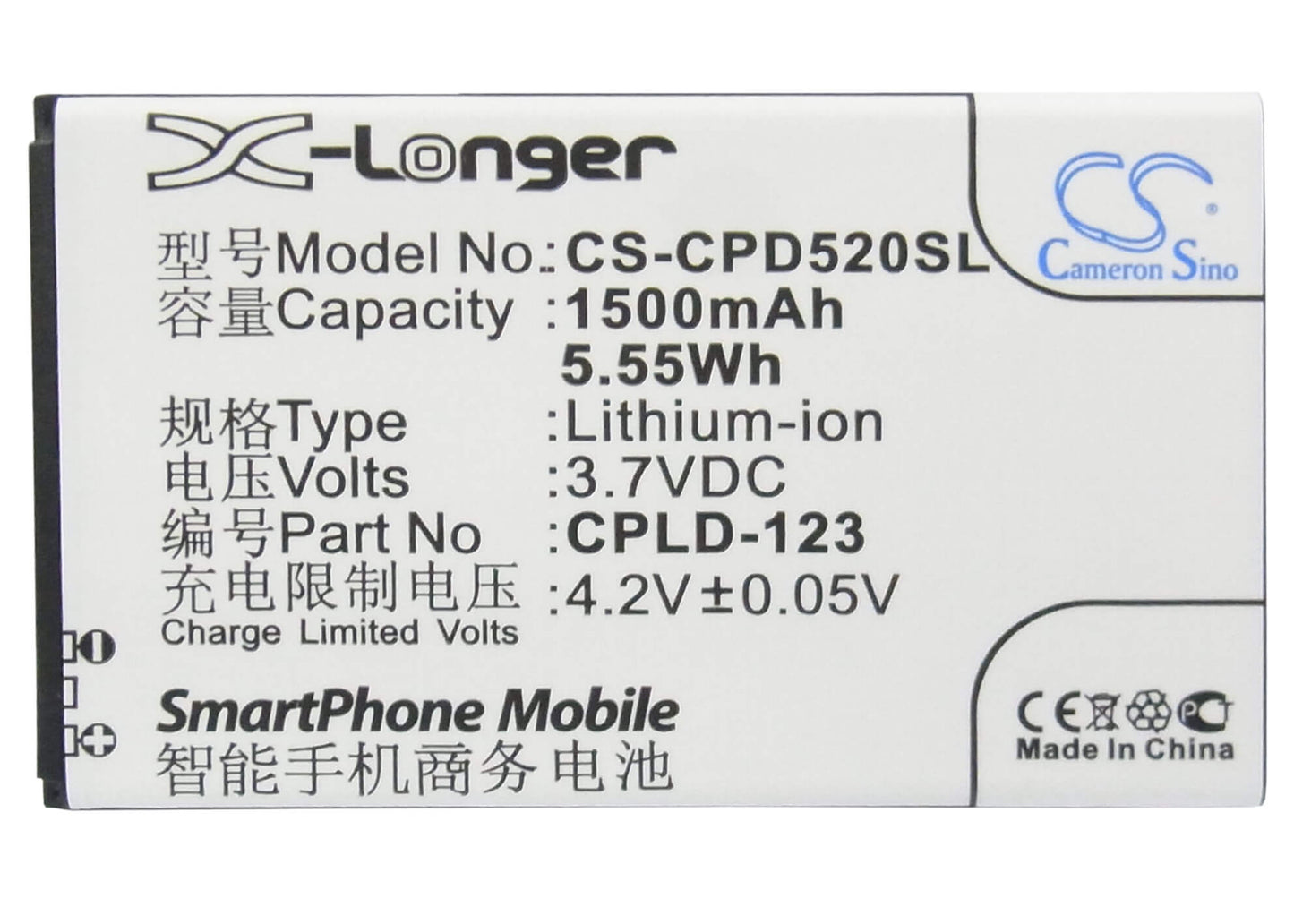 3.7V, 1500mAh, Li-ion Battery fits Coolpad, 5200, 5.55Wh