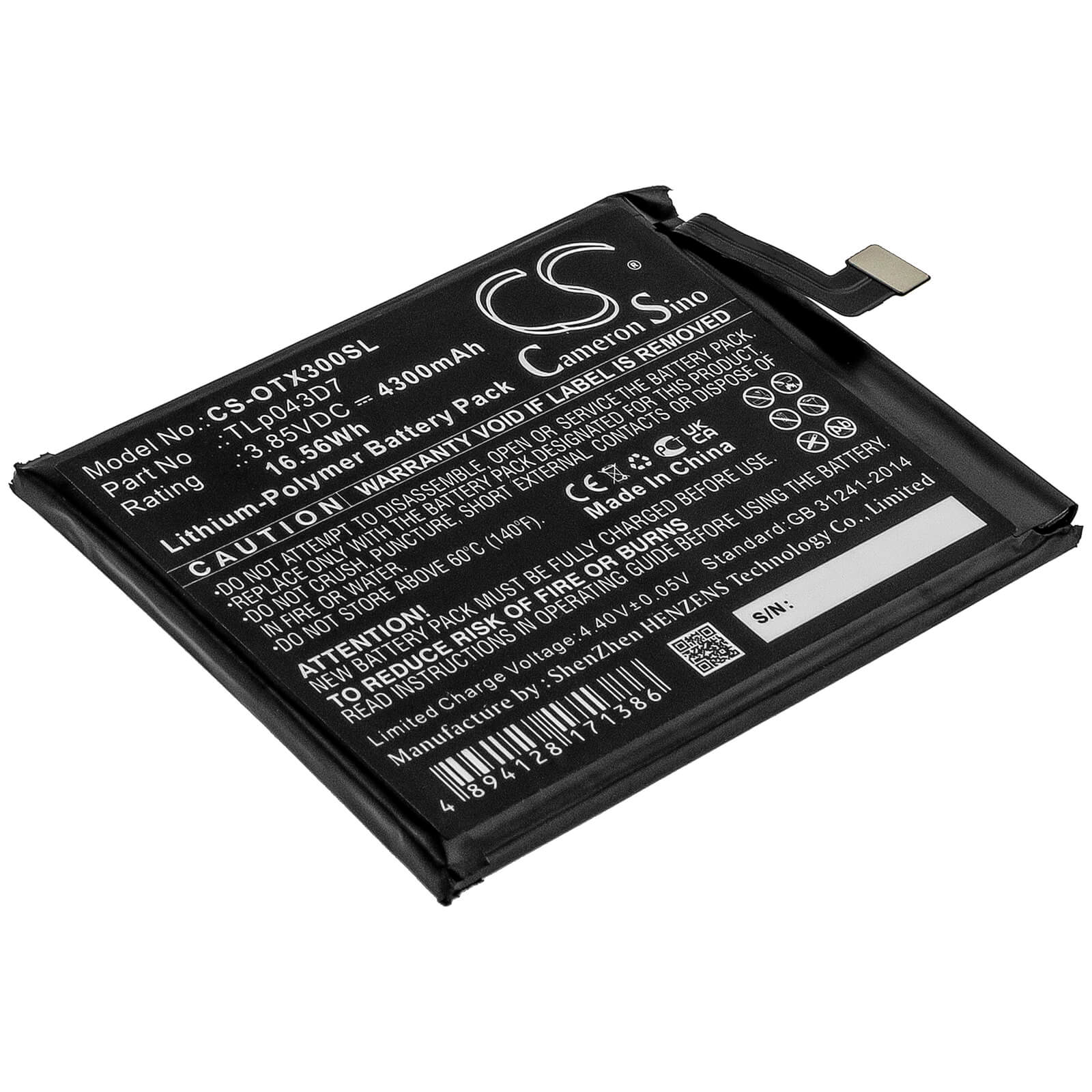 3.85V, 4300mAh, Li-Polymer Battery fits Alcatel, 3x, 5x, 16.555Wh