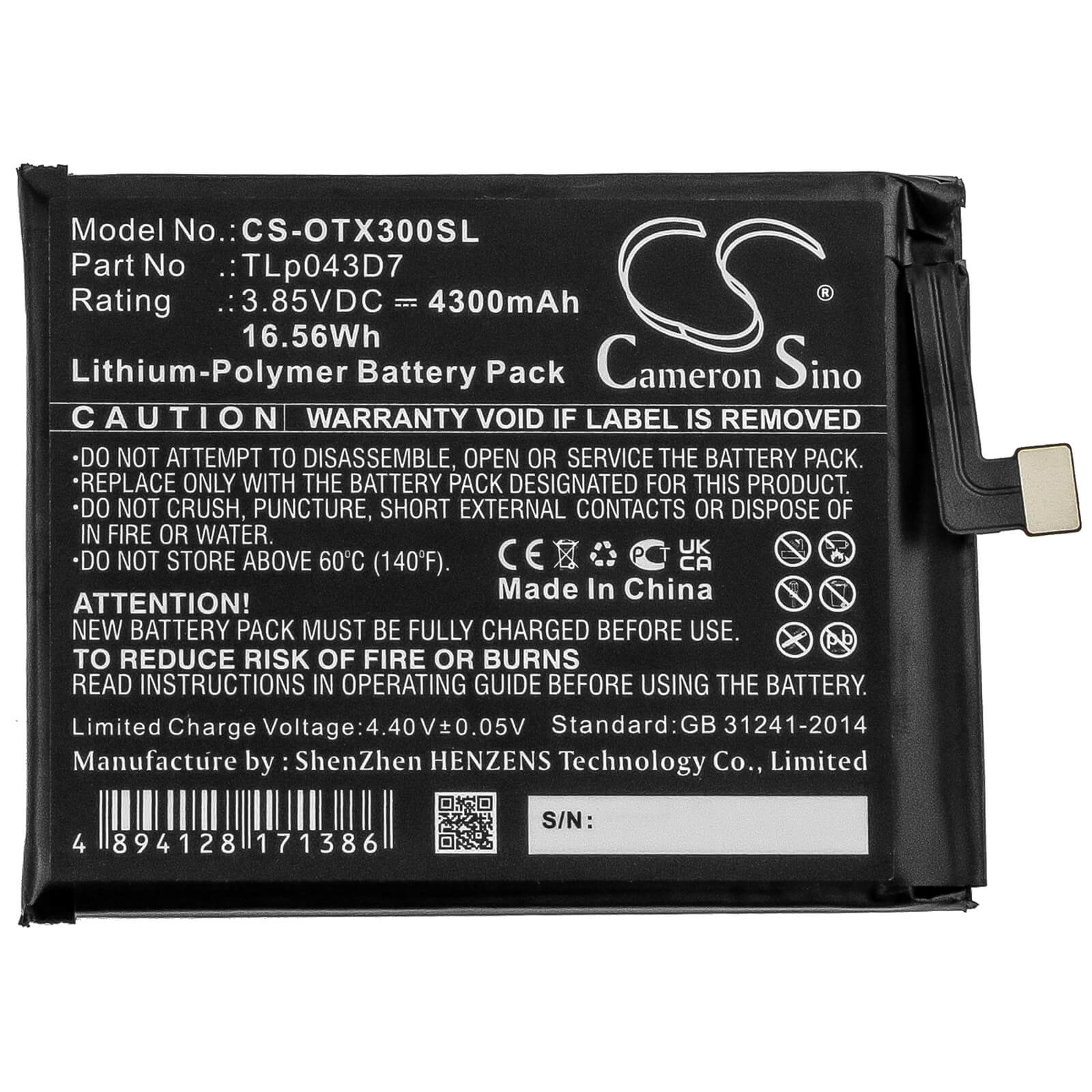 3.85V, 4300mAh, Li-Polymer Battery fits Alcatel, 3x, 5x, 16.555Wh