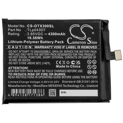 3.85V, 4300mAh, Li-Polymer Battery fits Alcatel, 3x, 5x, 16.555Wh