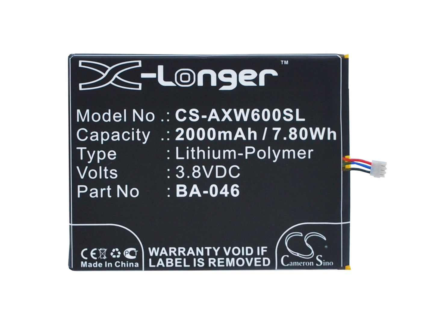 3.8V, 2000mAh, Li-Polymer Battery fits Aux, S6, V950, 7.6Wh