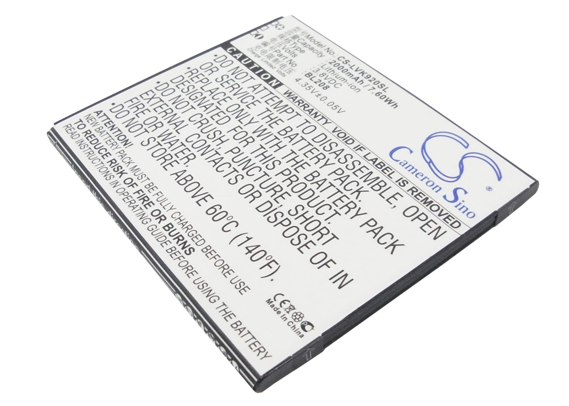 3.8V, 2000mAh, Li-ion Battery fits Lenovo, S920, 7.6Wh