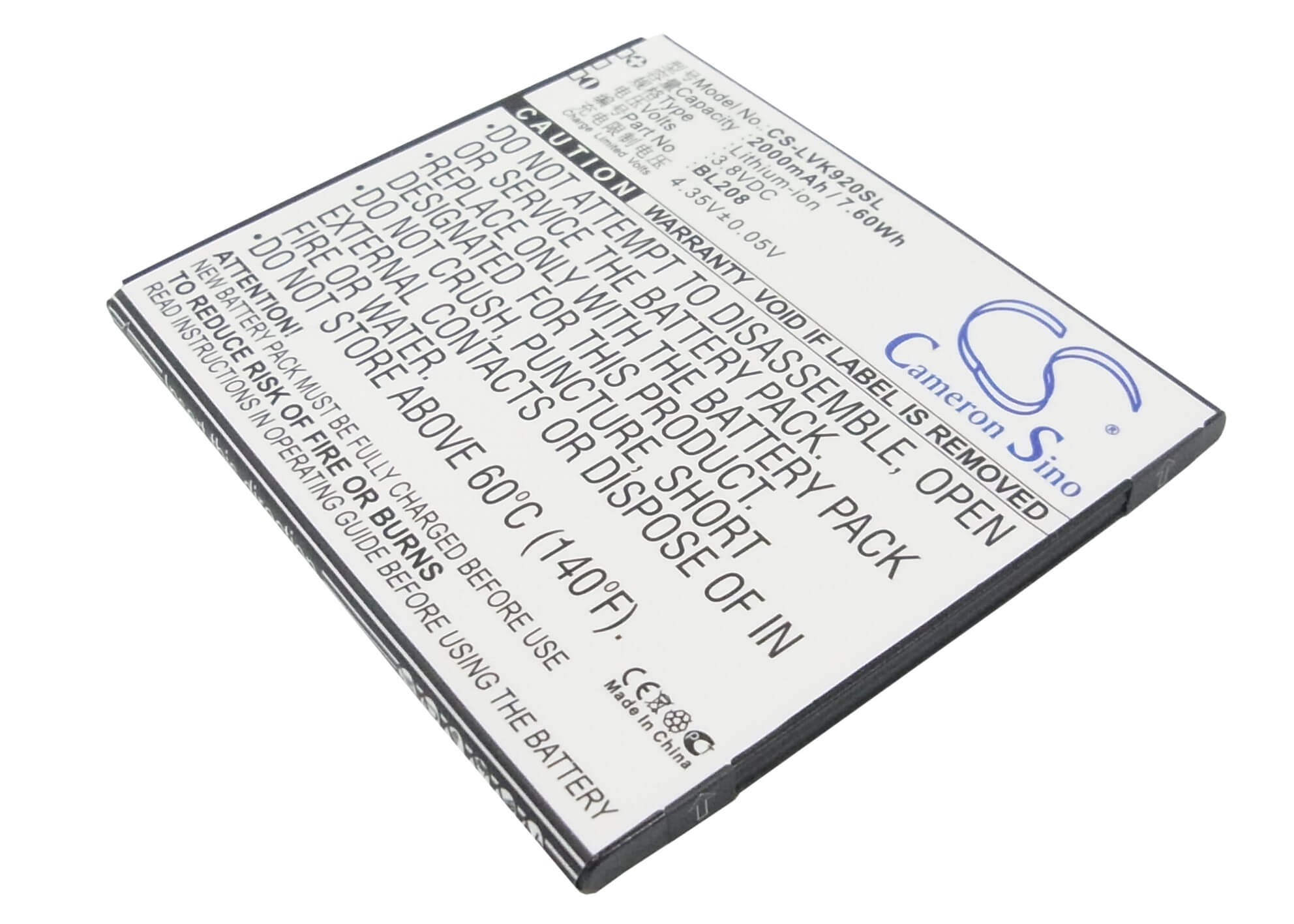 3.8V, 2000mAh, Li-ion Battery fits Lenovo, S920, 7.6Wh