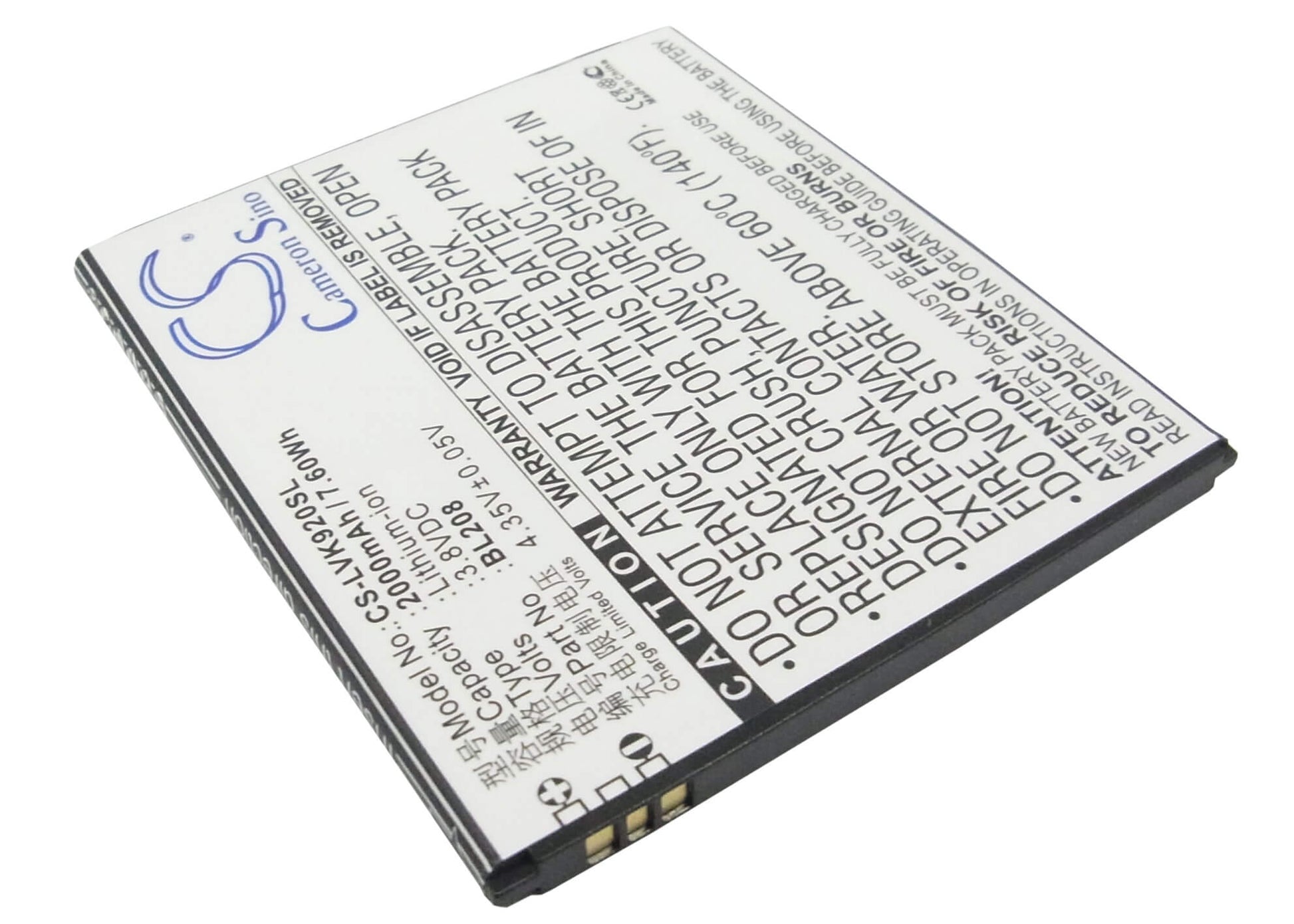 3.8V, 2000mAh, Li-ion Battery fits Lenovo, S920, 7.6Wh
