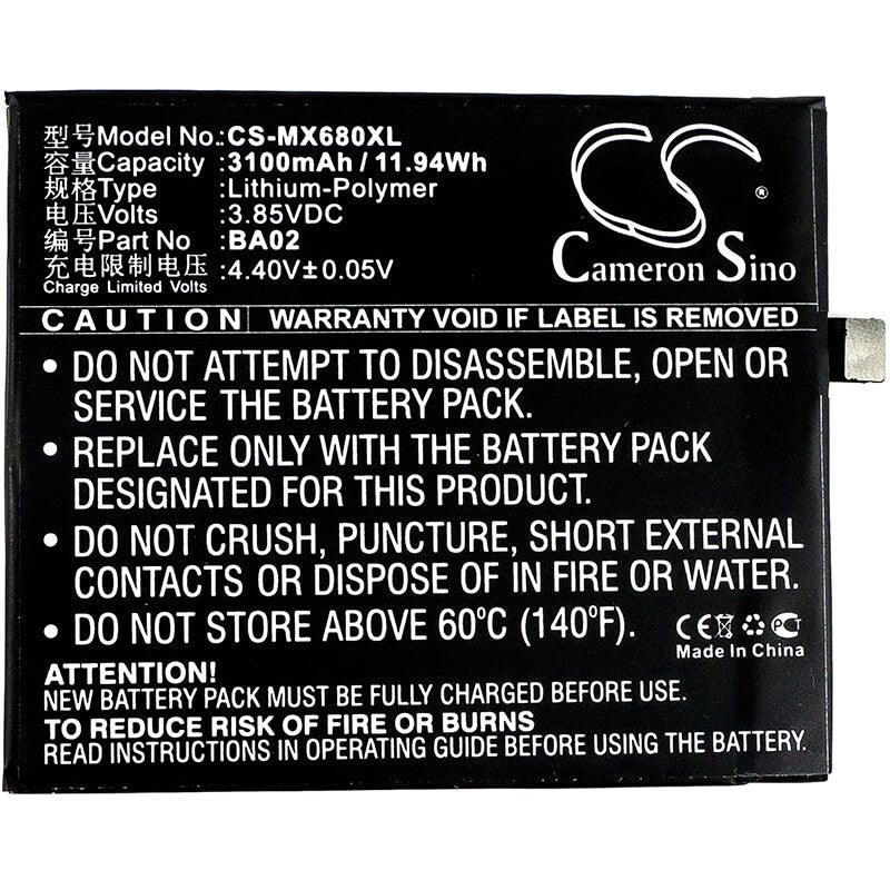 3.85V, 3100mAh, Li-Polymer Battery fits Meizu, A680m, A680q, 11.935Wh