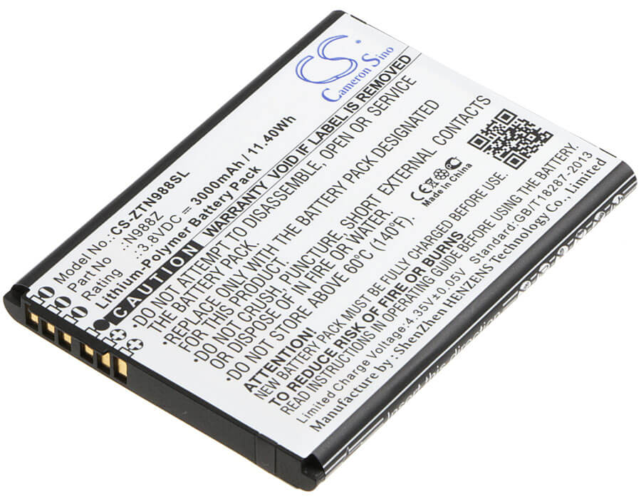3.8V, 3000mAh, Li-Polymer Battery fits Zte, N988z, 11.4Wh