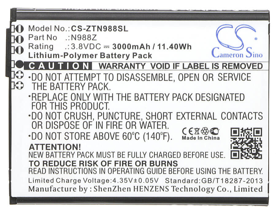 3.8V, 3000mAh, Li-Polymer Battery fits Zte, N988z, 11.4Wh