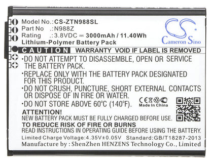 3.8V, 3000mAh, Li-Polymer Battery fits Zte, N988z, 11.4Wh
