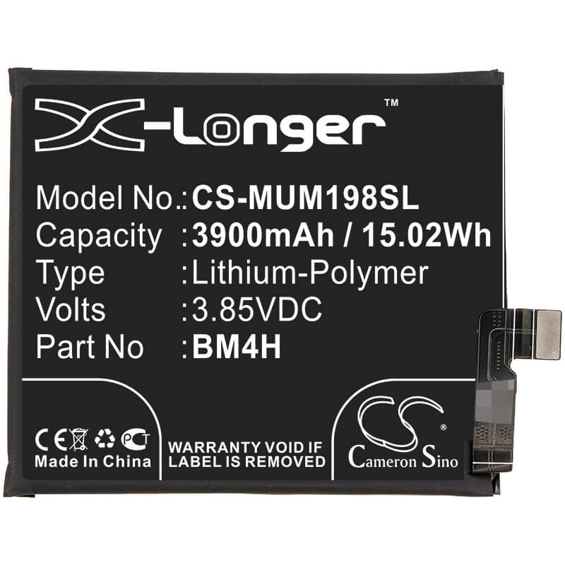 3.85V, 3900mAh, Li-Polymer Battery fits Xiaomi, 9 Pro 5g, M1908f1xe, 15.015Wh