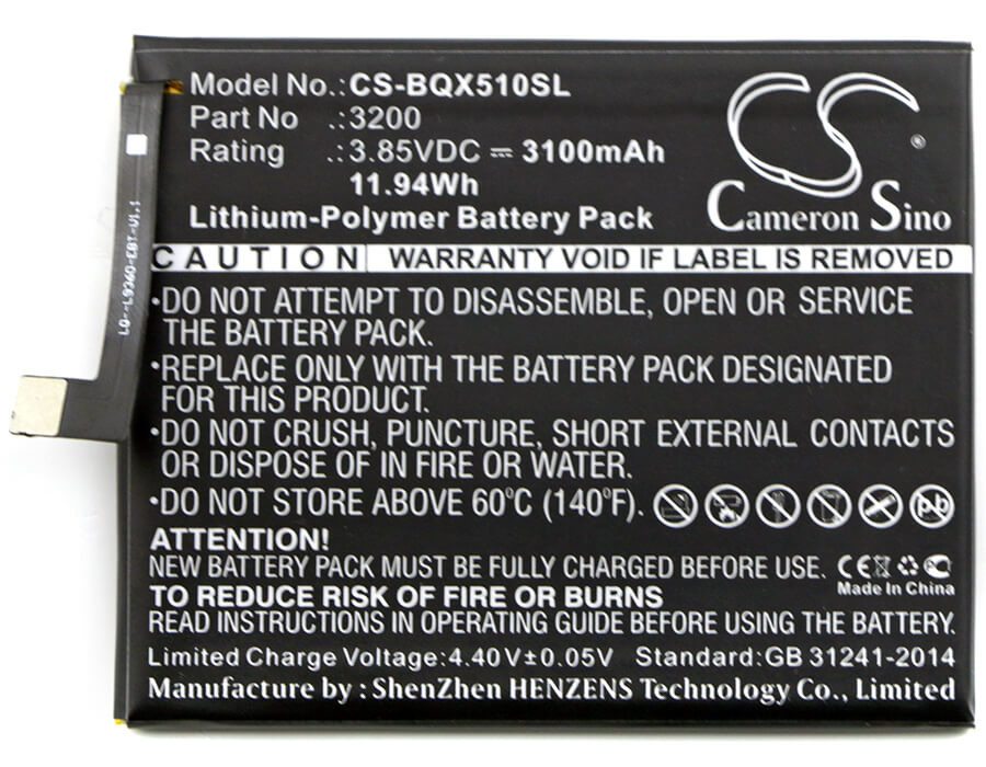 3.85V, 3100mAh, Li-Polymer Battery fits Bq, Aquaris X5 Plus, 11.935Wh