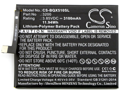 3.85V, 3100mAh, Li-Polymer Battery fits Bq, Aquaris X5 Plus, 11.935Wh