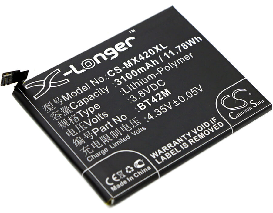 3.8V, 3100mAh, Li-Polymer Battery fits Meizu, Blue Charm Metal, M1 Metal, 11.78Wh
