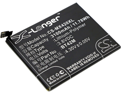 3.8V, 3100mAh, Li-Polymer Battery fits Meizu, Blue Charm Metal, M1 Metal, 11.78Wh