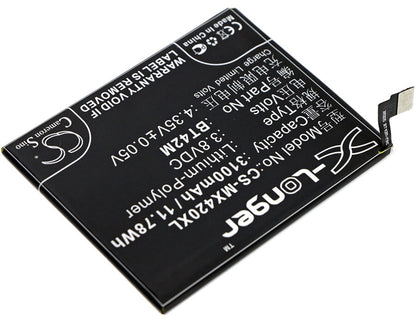 3.8V, 3100mAh, Li-Polymer Battery fits Meizu, Blue Charm Metal, M1 Metal, 11.78Wh
