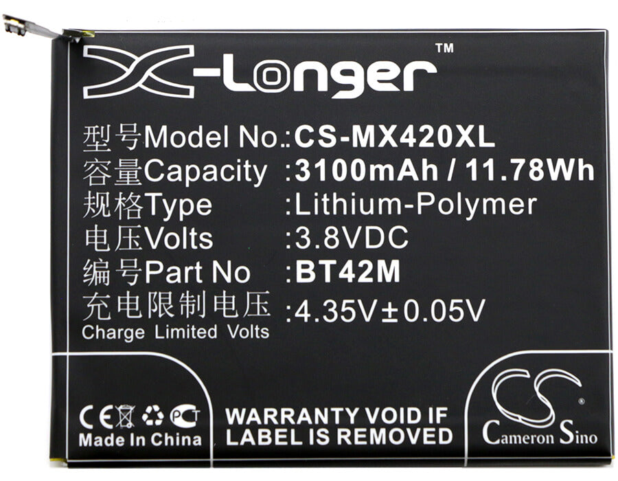 3.8V, 3100mAh, Li-Polymer Battery fits Meizu, Blue Charm Metal, M1 Metal, 11.78Wh