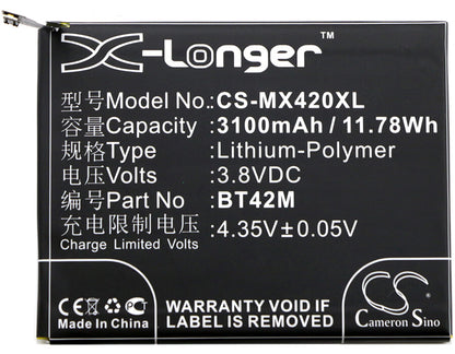 3.8V, 3100mAh, Li-Polymer Battery fits Meizu, Blue Charm Metal, M1 Metal, 11.78Wh