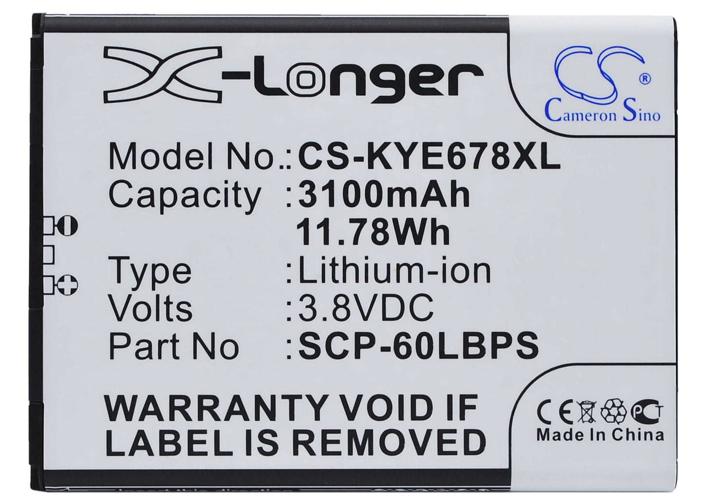 3.8V, 3100mAh, Li-ion Battery fits Kyocera, Brigadier, Duraforce, 11.78Wh