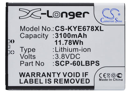 3.8V, 3100mAh, Li-ion Battery fits Kyocera, Brigadier, Duraforce, 11.78Wh