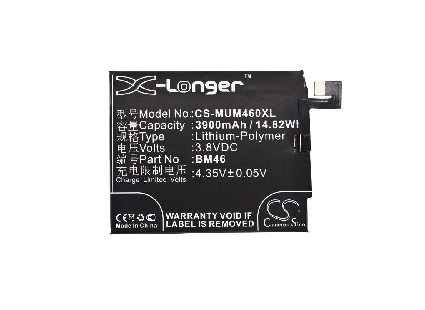 3.8V, 3900mAh, Li-Polymer Battery fits Redmi, Bm46, 14.82Wh