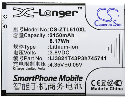 3.8V, 2150mAh, Li-ion Battery fits Zte, Blade L5, Blade L5 Plus, 8.17Wh