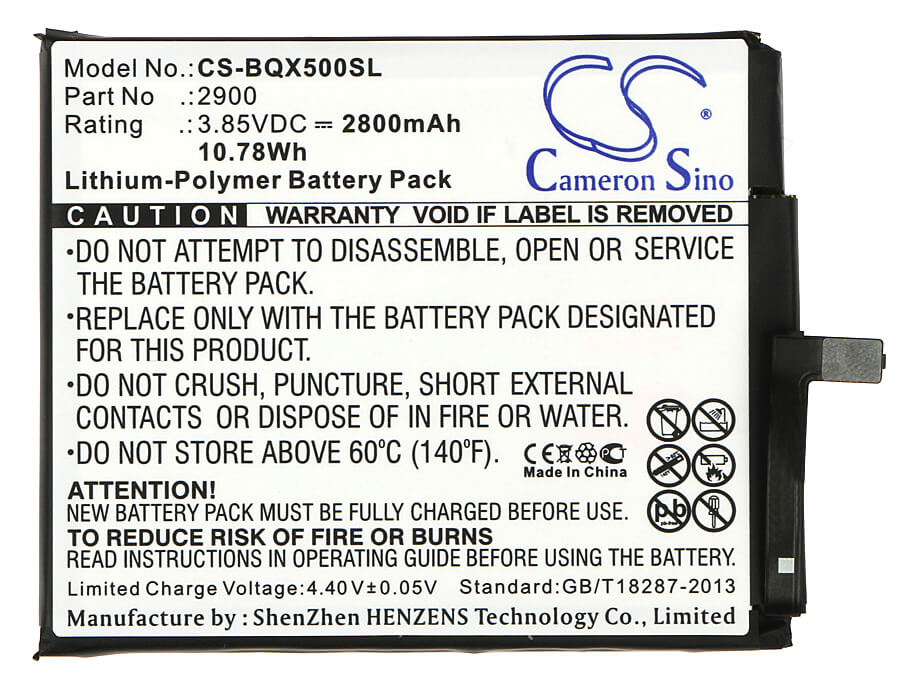 3.85V, 2800mAh, Li-Polymer Battery fits Bq, Aquaris X5, Aquaris X5 Cyanogen Edition, 10.78Wh
