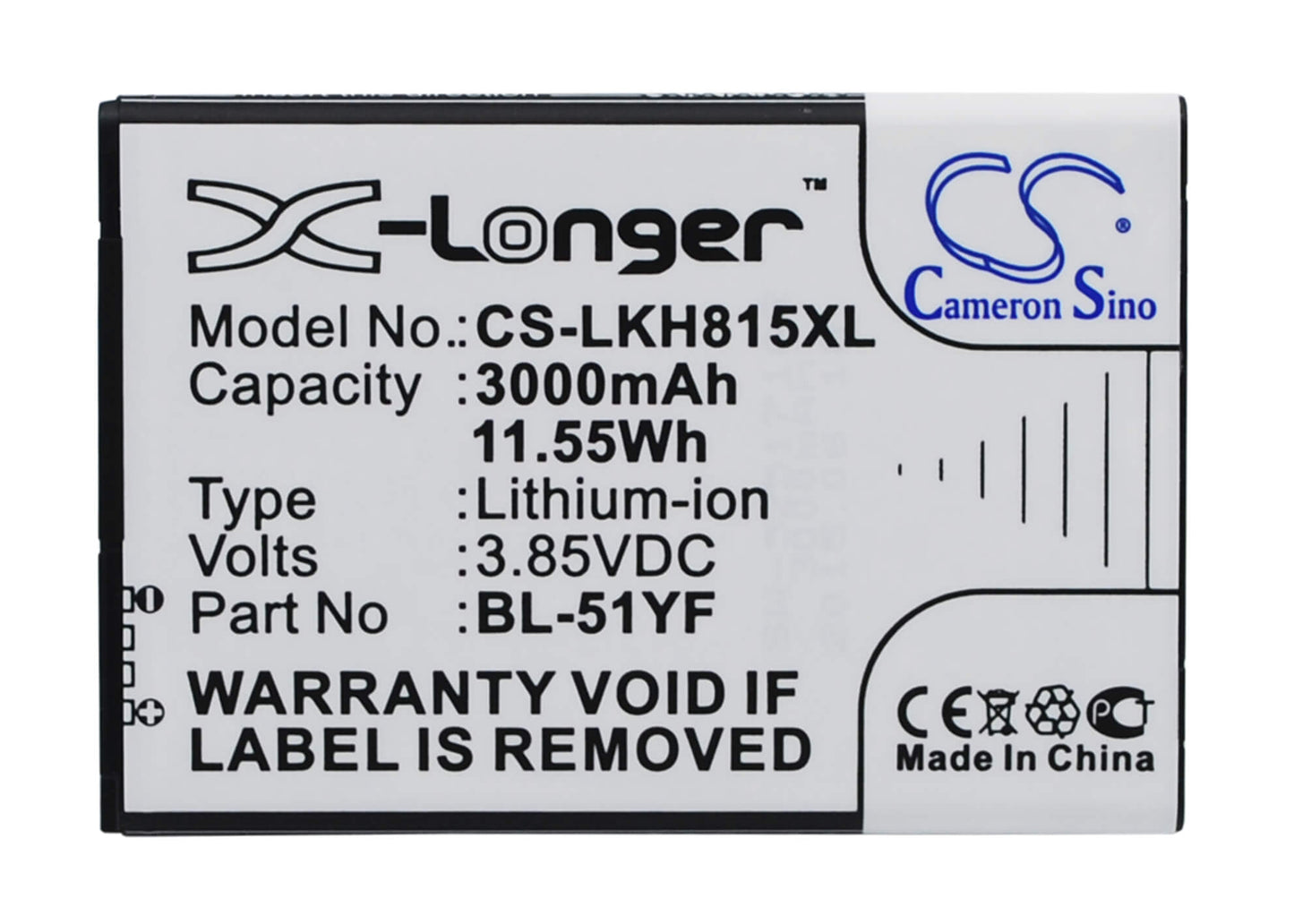 3.85V, 3000mAh, Li-ion Battery fits Lg, Ds1402, G Stylo, 11.55Wh