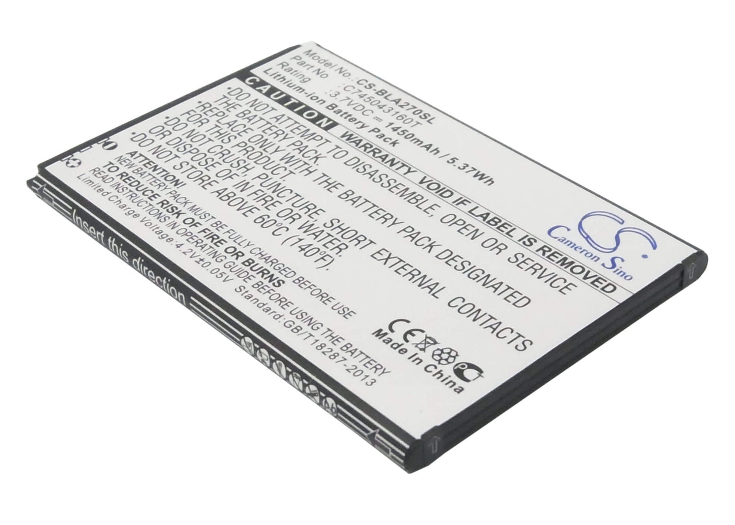 3.7V, 1450mAh, Li-ion Battery fits Blu, A270, A270a, 5.365Wh