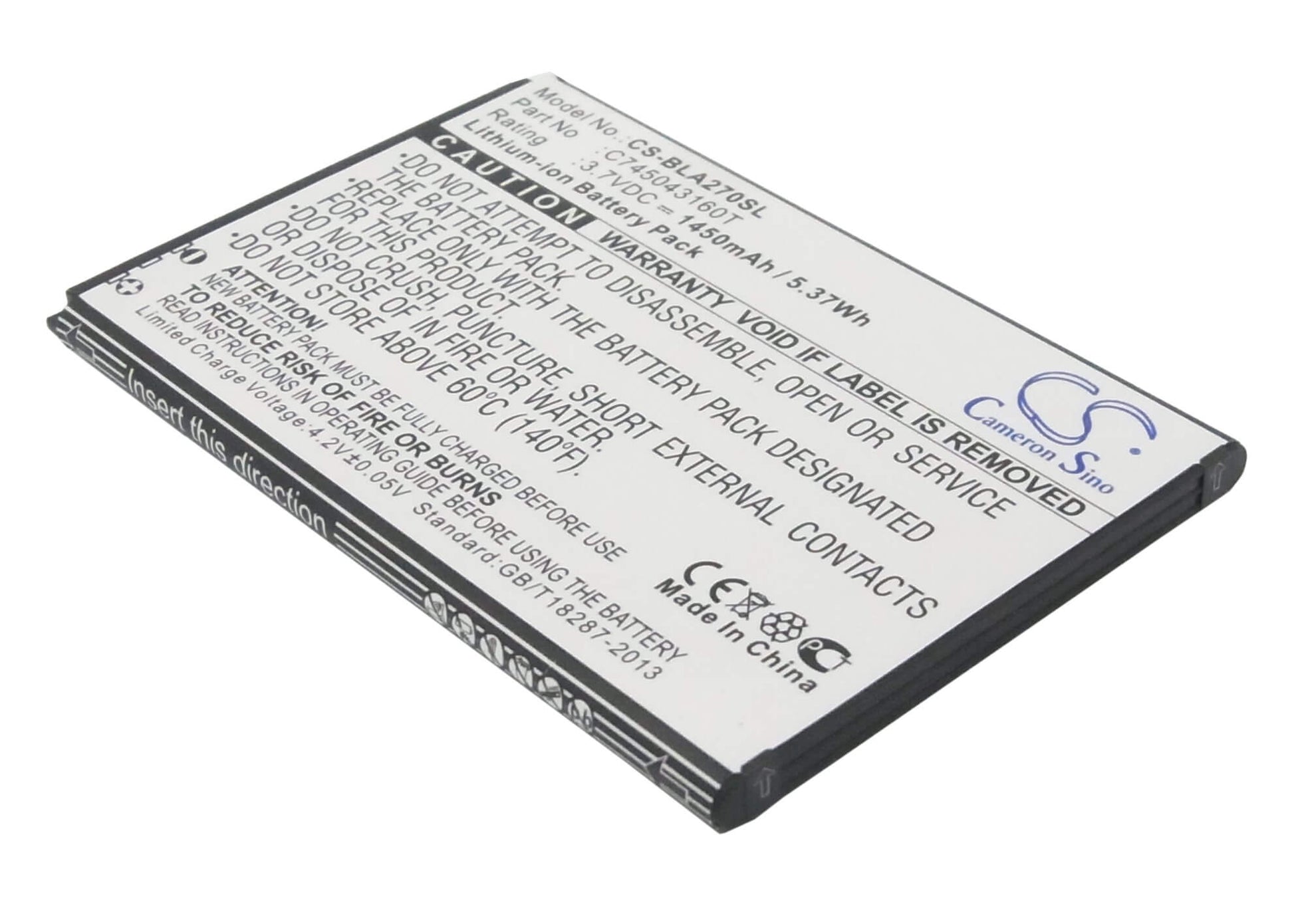 3.7V, 1450mAh, Li-ion Battery fits Blu, A270, A270a, 5.365Wh