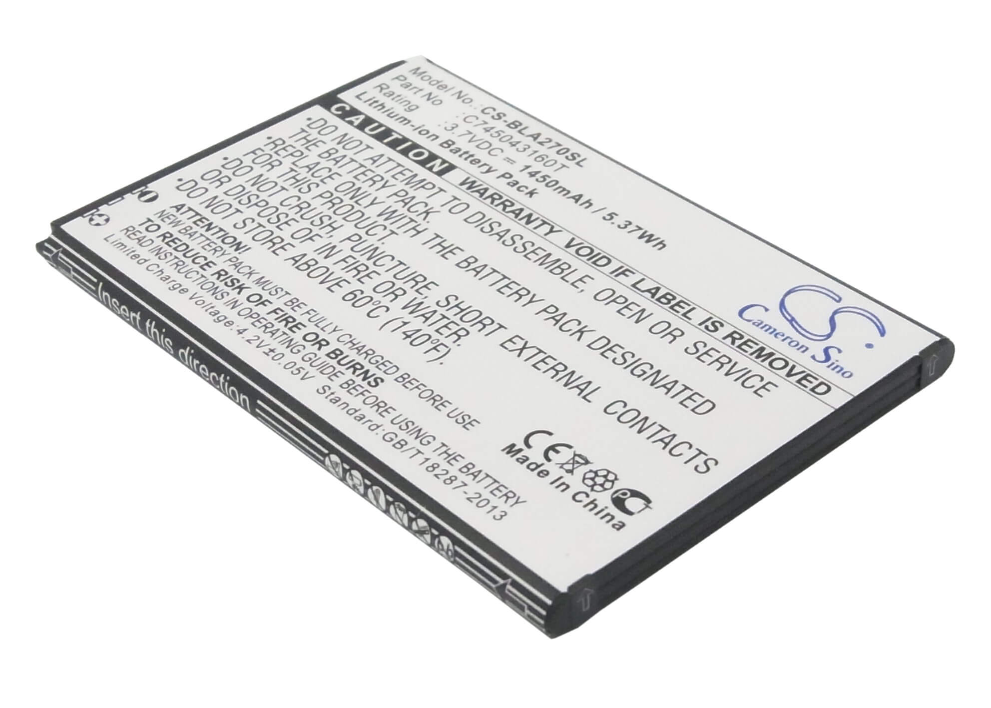 3.7V, 1450mAh, Li-ion Battery fits Blu, A270, A270a, 5.365Wh