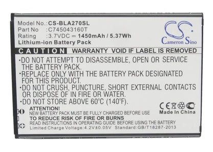 3.7V, 1450mAh, Li-ion Battery fits Blu, A270, A270a, 5.365Wh