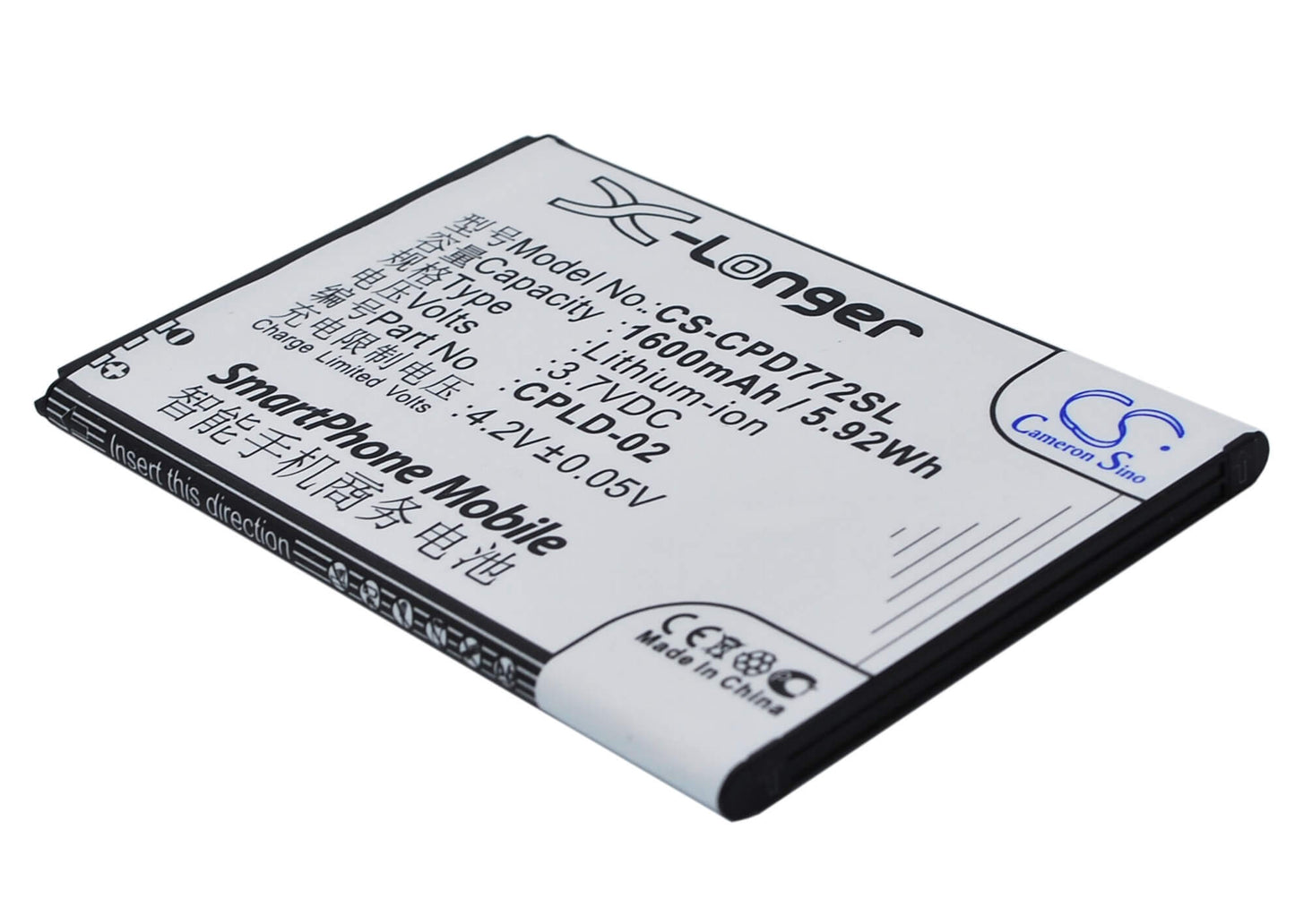 3.7V, 1600mAh, Li-ion Battery fits Coolpad, 7728, 5.92Wh