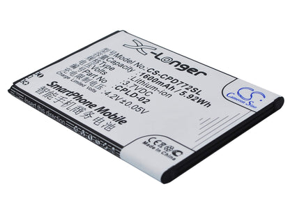 3.7V, 1600mAh, Li-ion Battery fits Coolpad, 7728, 5.92Wh