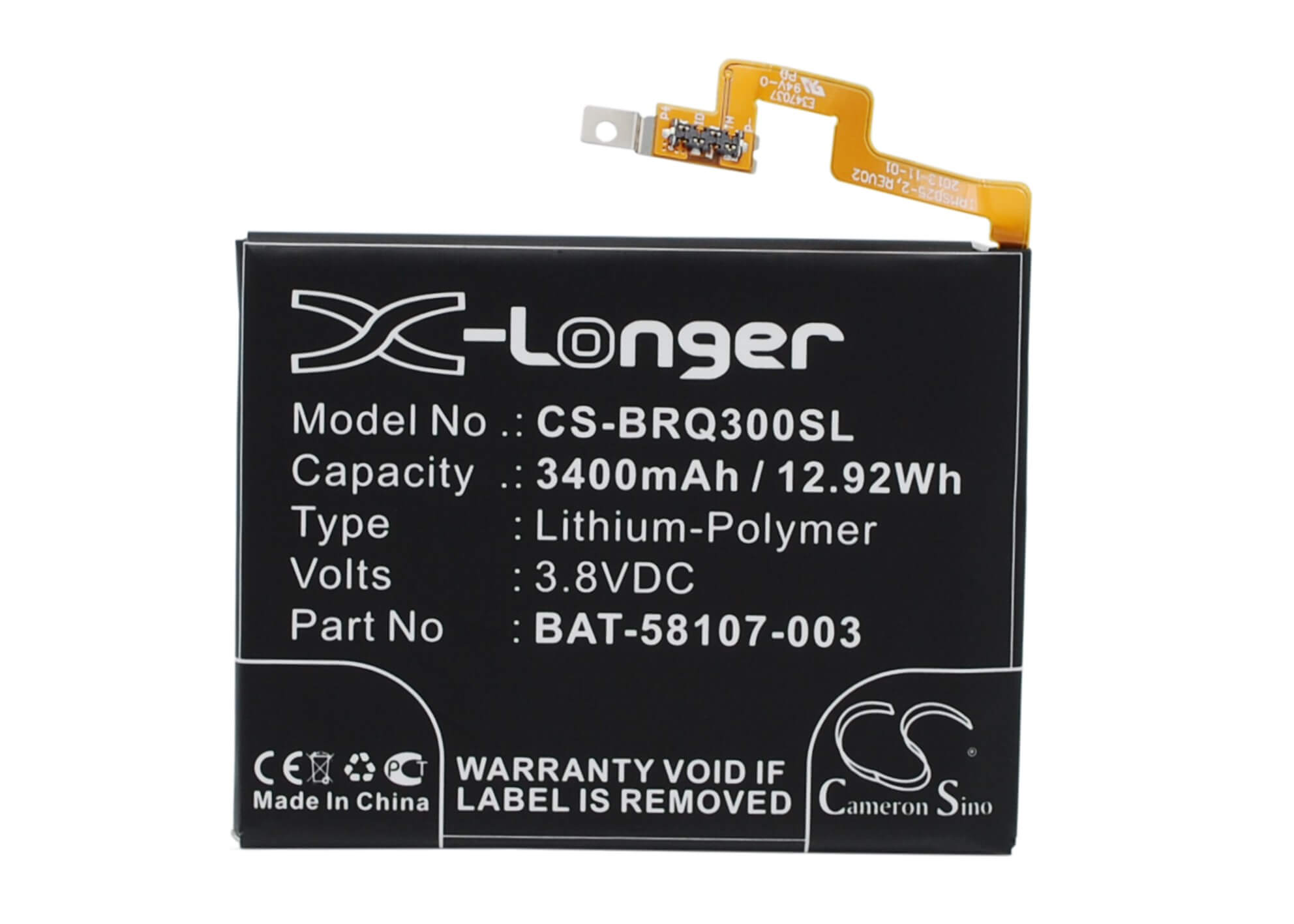 3.8V, 3400mAh, Li-Polymer Battery fits Blackberry, Passport, Passport 4g, 12.92Wh