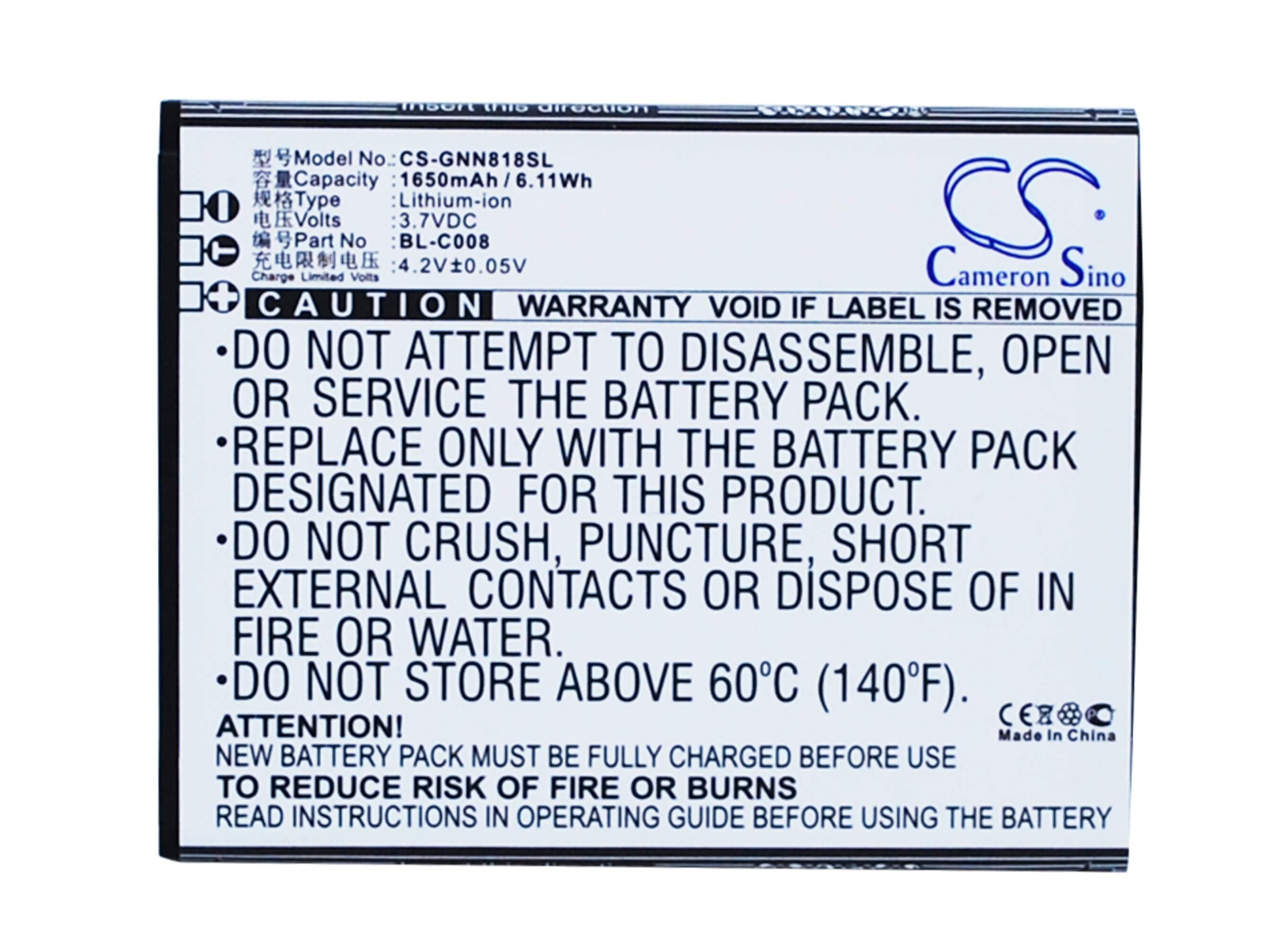 3.7V, 1650mAh, Li-ion Battery fits Gionee, Gn705t, Gn705w, 6.105Wh