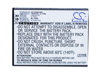 3.7V, 1650mAh, Li-ion Battery fits Gionee, Gn705t, Gn705w, 6.105Wh