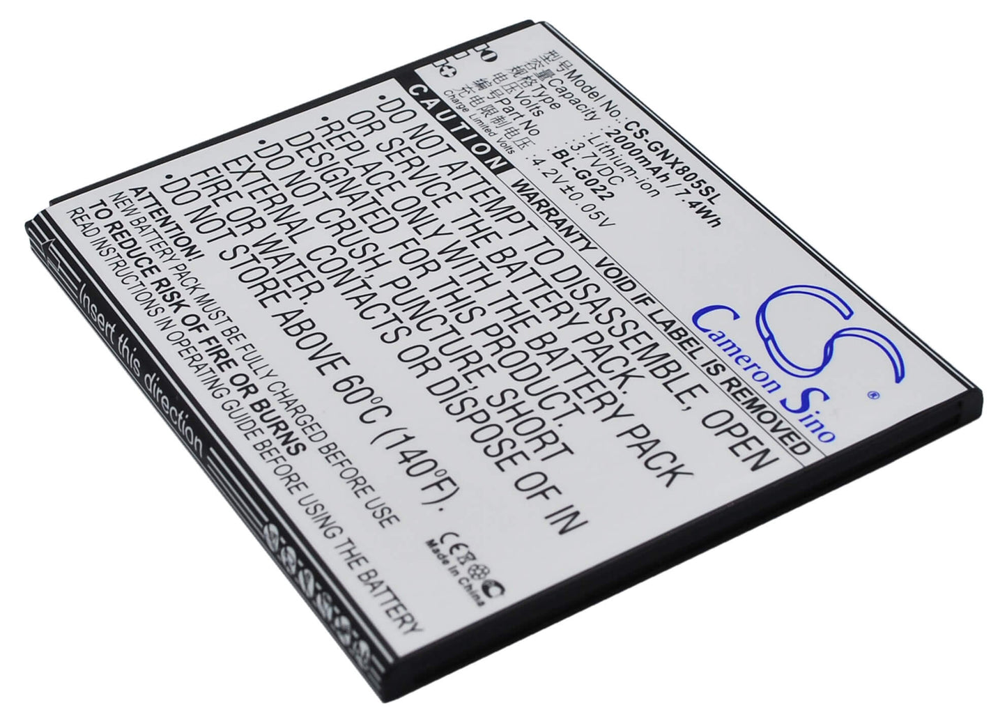 3.7V, 2000mAh, Li-ion Battery fits Gionee, X805, 7.4Wh