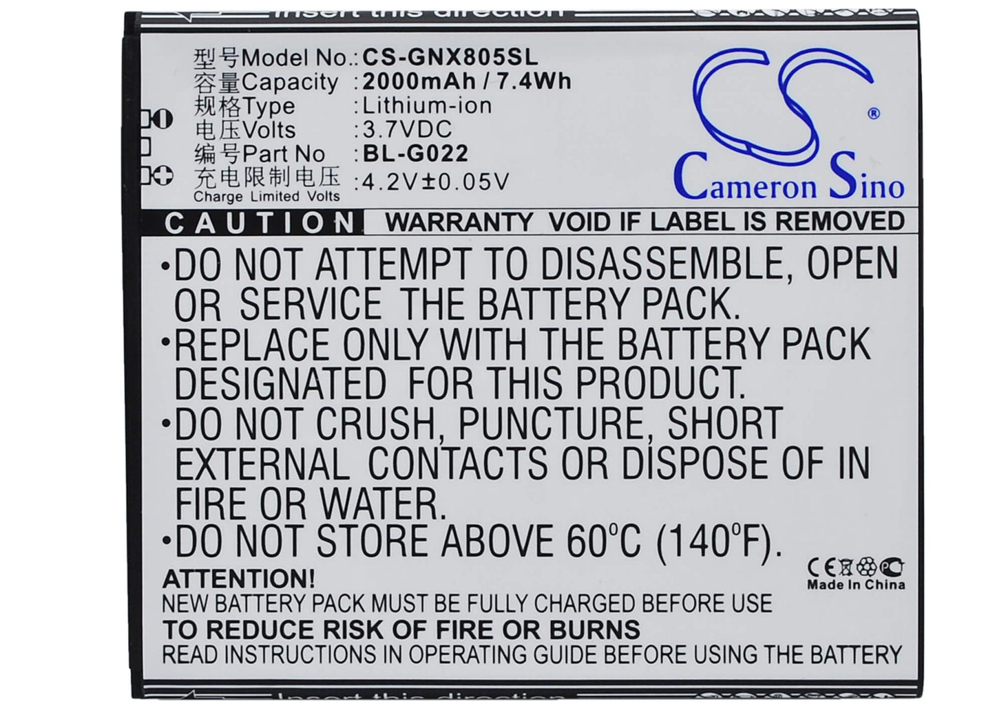 3.7V, 2000mAh, Li-ion Battery fits Gionee, X805, 7.4Wh