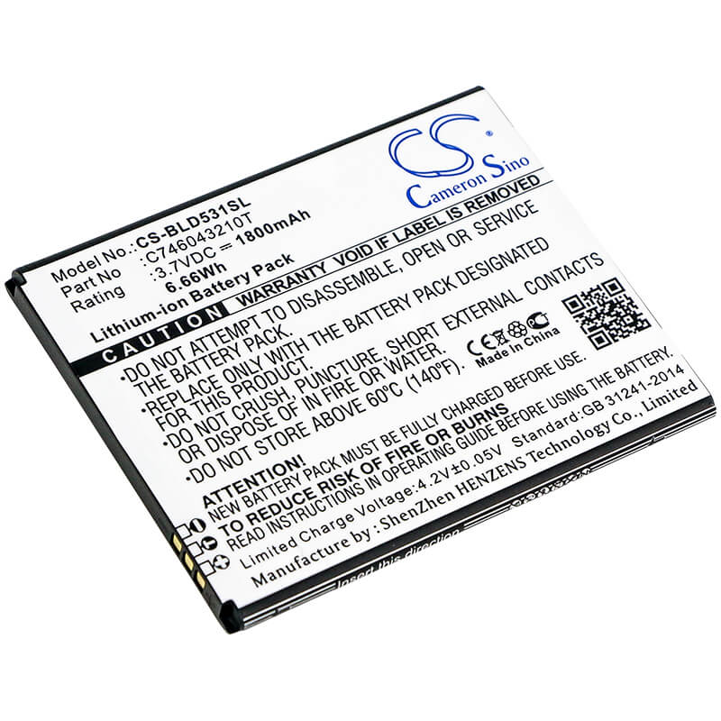 3.7V, 1800mAh, Li-ion Battery fits Blu, D530k, D531k, 6.66Wh