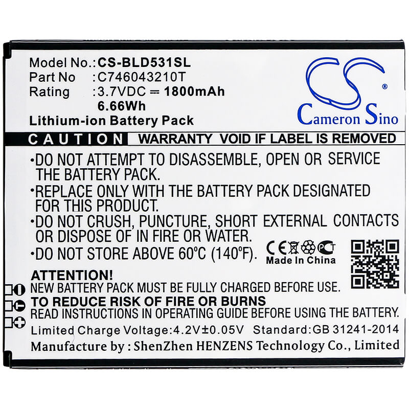 3.7V, 1800mAh, Li-ion Battery fits Blu, D530k, D531k, 6.66Wh