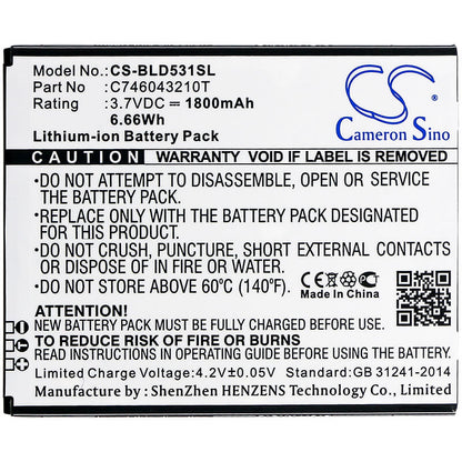 3.7V, 1800mAh, Li-ion Battery fits Blu, D530k, D531k, 6.66Wh