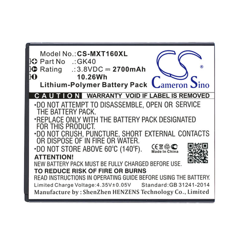 3.8V, 2700mAh, Li-Polymer Battery fits Motorola, Cedric, Moto E3, 10.26Wh