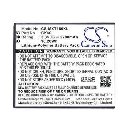 3.8V, 2700mAh, Li-Polymer Battery fits Motorola, Cedric, Moto E3, 10.26Wh