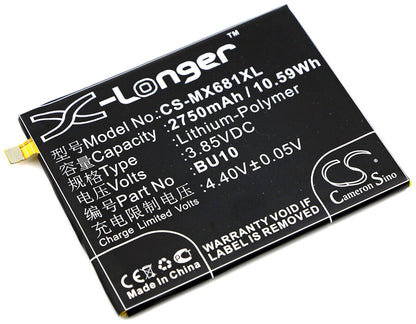 3.85V, 2750mAh, Li-Polymer Battery fits Meilan, U10, U10 Dual Sim, 10.5875Wh